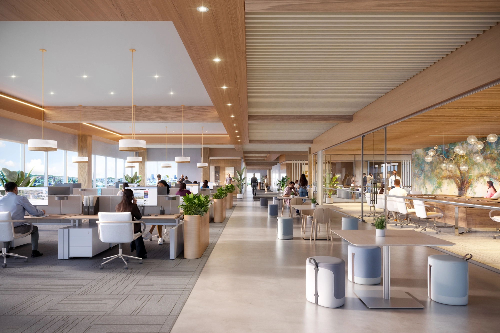 Modern open workspace featuring glass conference rooms and collaborative meeting areas