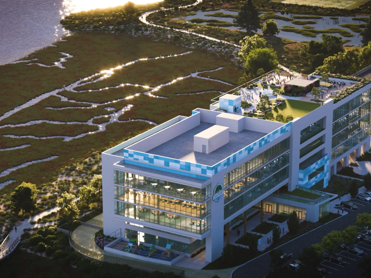 Sustainable bayfront workplace campus adjacent to restored wetlands