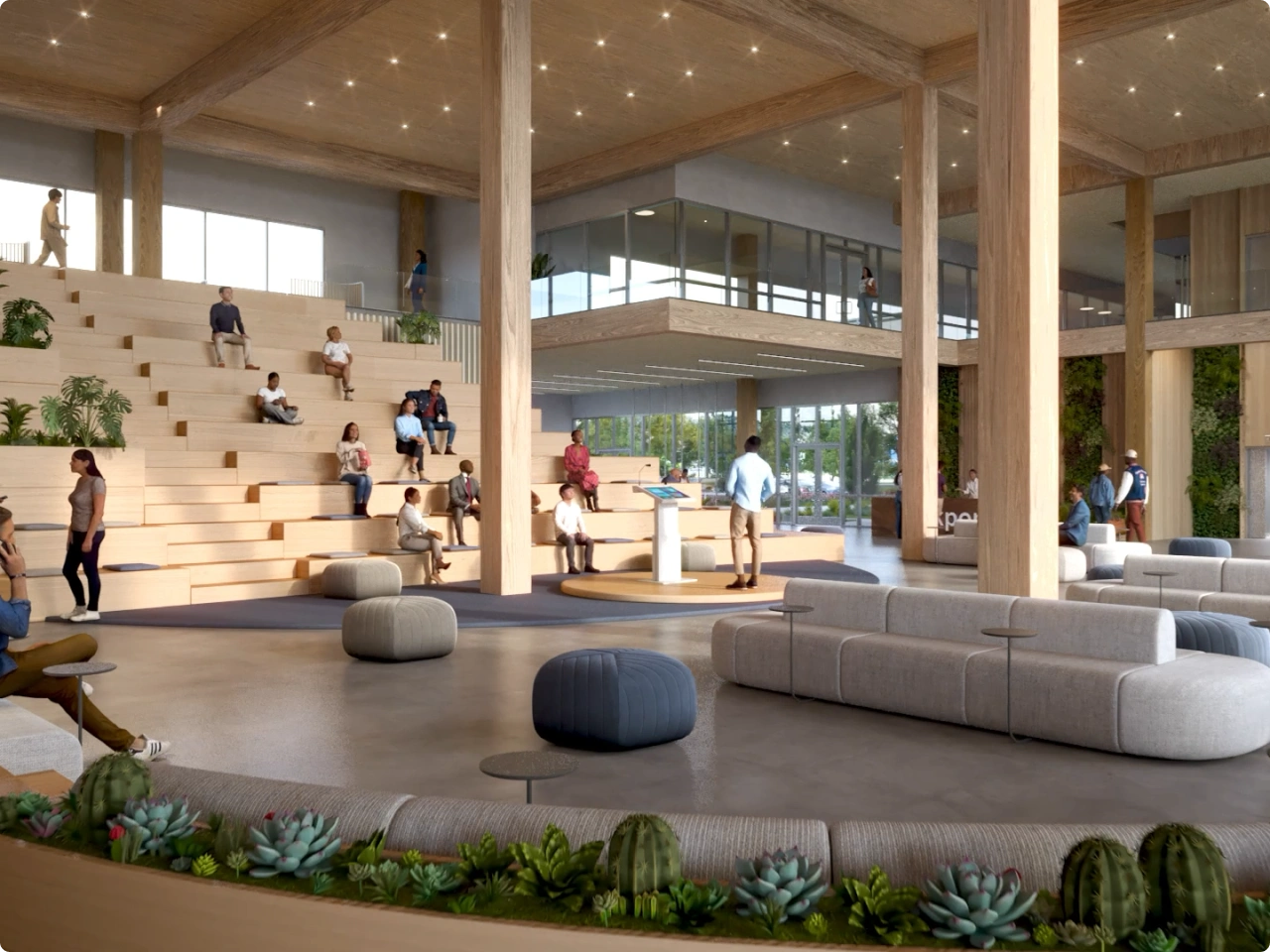 Open collaborative workspace with wood beams, indoor plants, and gathering area